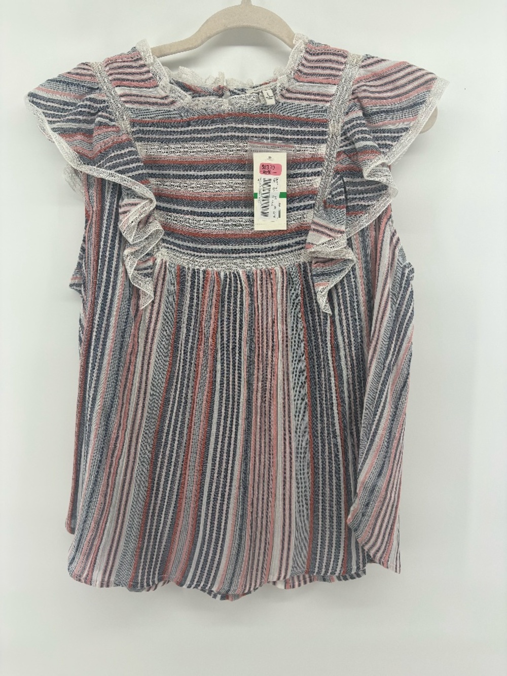 NWT Ella moss boho striped blouse with ruffles trimmed with lace size large
